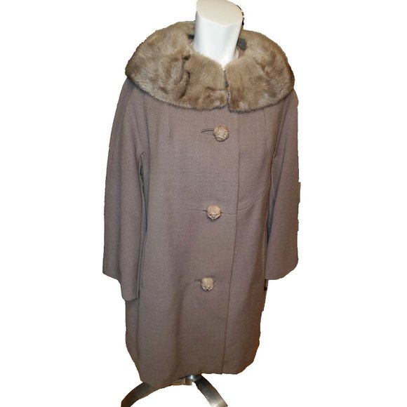 Vintage Mod 50s-60s Wool Midi Swing Coat with Mink Fur Collar Gray Sz S/M - Picture 1 of 7